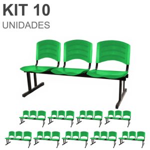 Kit 10 Cadeiras Longarinas PLÁSTICAS 03 Lugares - Cor Verde 33066
