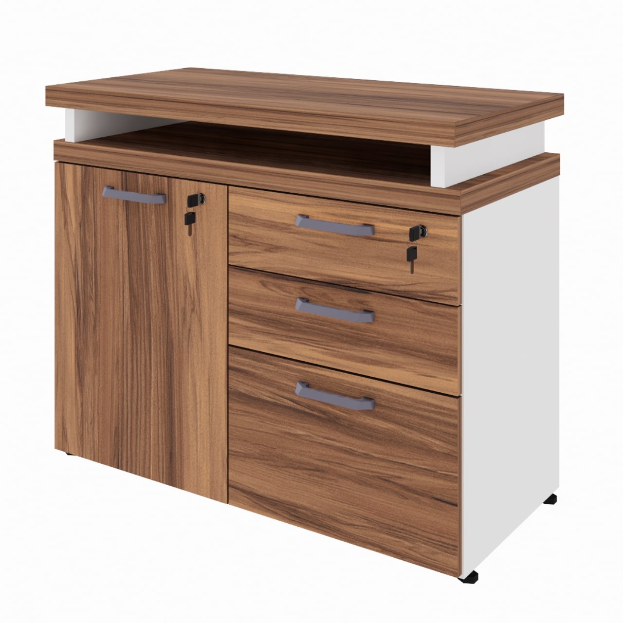 Armário Baixo 03 Gavetas e Porta (MISTO) - NOGAL SEVILHA/BRANCO - 34422